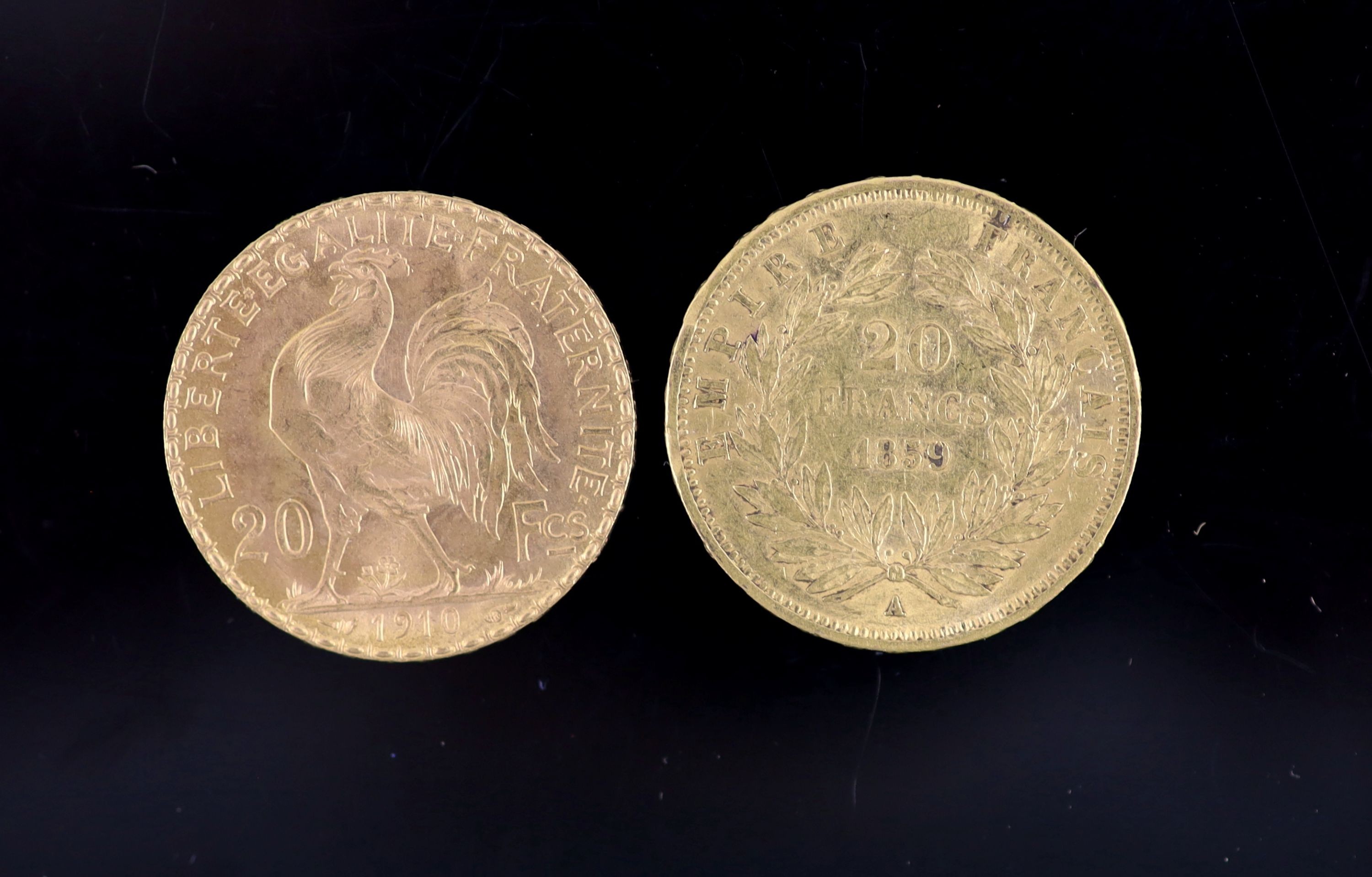 France coins, two gold 20 Francs, Napoleon III 1859A, edge nicks otherwise GVF, and Marianne Rooster 1910, AEF